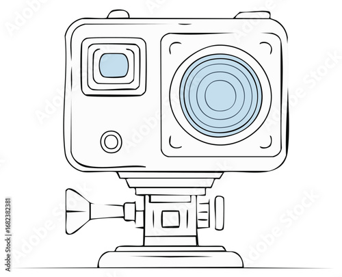 Hand drawn line art illustration of an action camera on a mount for sports and adventure
