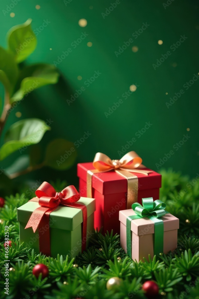 Fototapeta premium Several uniquely decorated gift boxes, lush green backdrop, texture, different, shapes