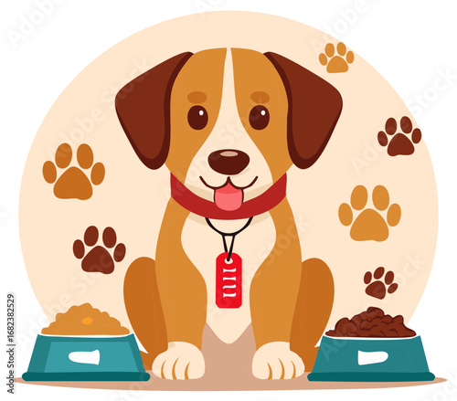 Cartoon dog illustration with bowls of food and paw prints