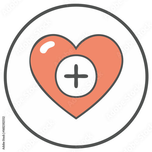 Icon with heart and plus symbol inside circle for healthcare or medicine.