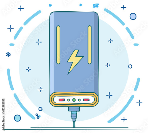 Portable Power Bank Charging Battery Device with Lightning Bolt Flat Vector Illustration