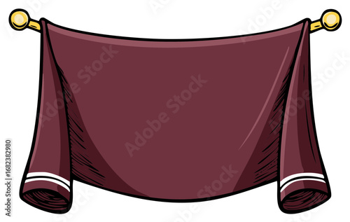 Simple maroon towel draped over a golden bar with decorative white stripes on ends