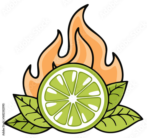 Lime slice on fire with green leaves and abstract orange flames