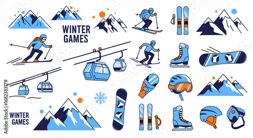 Vector art of collection of winter games equipment and mountain landscape illustrations