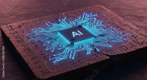 An ancient stone tablet with glowing blue circuitry and the letters 