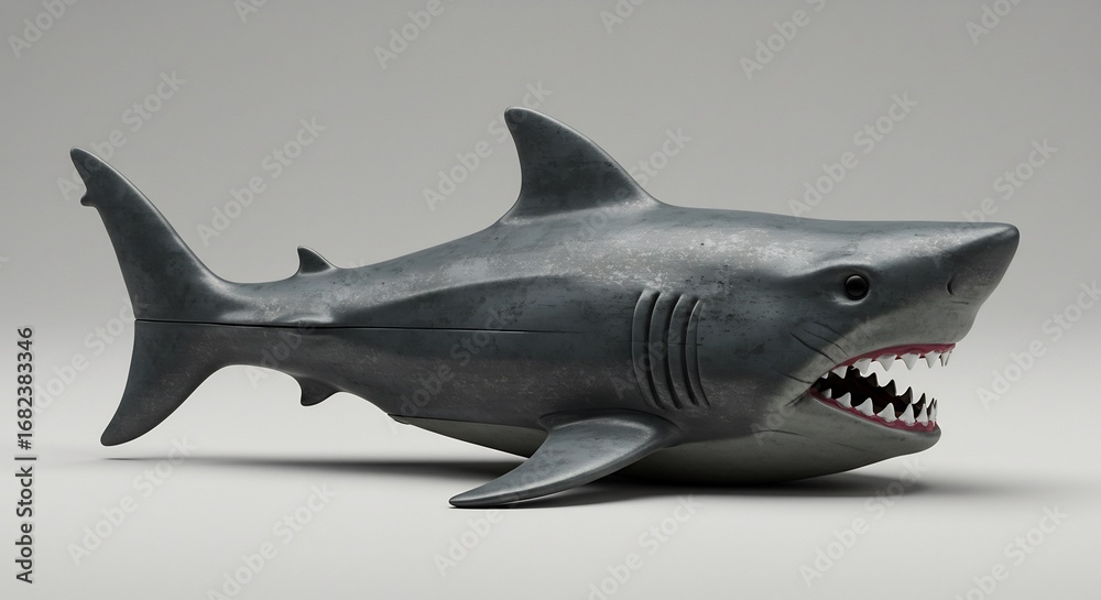 Obraz premium Powerful grey shark model dramatically posed against a neutral background. AI Generated