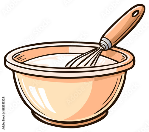 Cartoon style mixing bowl with whisk and ingredients for cooking or baking