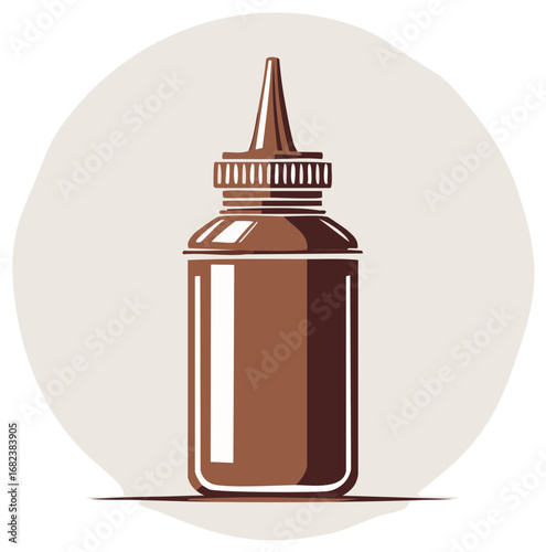 Brown condiment bottle illustration, cartoon style, beige backdrop.