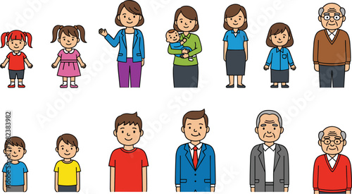 Cartoon family members of all ages, multi‑generation characters, grandparents, parents, children, diverse relatives illustration, educational family tree vector art