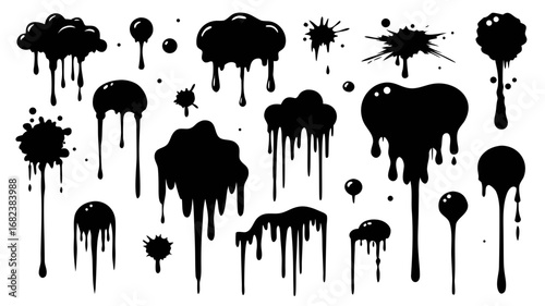 Collection of black dripping paint splatters and blobs