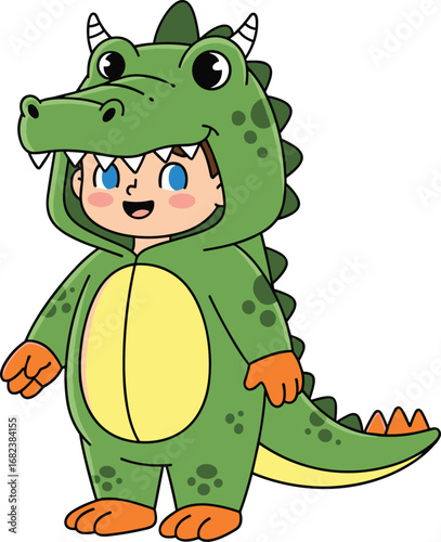 cartoon child in dinosaur costume, cute kids cosplay, halloween dress up, playful animal outfit, cad drawing flat vector illustration