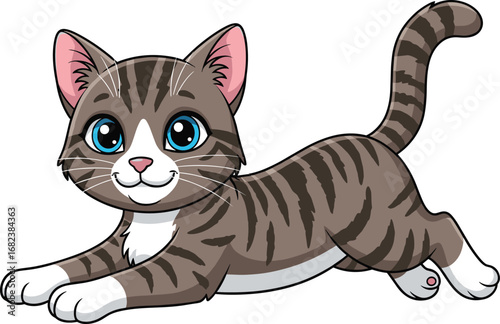 Cute cartoon kitten in playful stretching pose, adorable tabby cat vector illustration for children, pet theme, animal mascot, kids design, or educational content