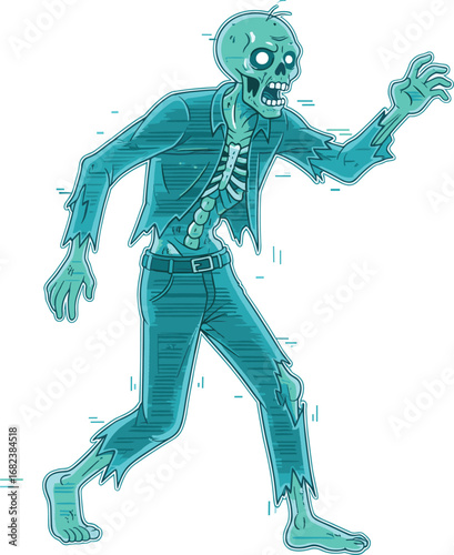 Glowing ghostly skeleton with digital glitch effect, tattered clothing, spectral walking pose, horror and sci‑fi fusion, vector illustration for Halloween, spooky, and cyber‑haunt themes