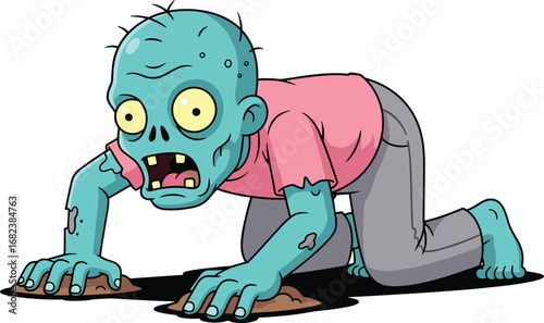 cartoon zombie crawling, halloween undead monster, spooky graveyard ghoul, scary horror creature, rising from grave, cad drawing flat vector illustration