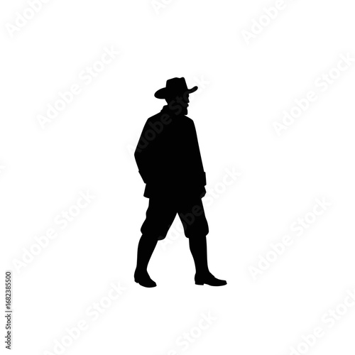 Silhouette of a man in a colonial pilgrim outfit, perfect for thanksgiving greeting cards, historical posters, and educational presentations.