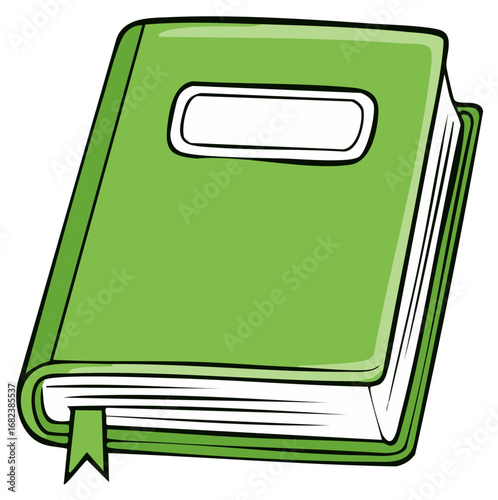 Cartoon illustration of a closed green hardcover book with a bookmark and blank label.