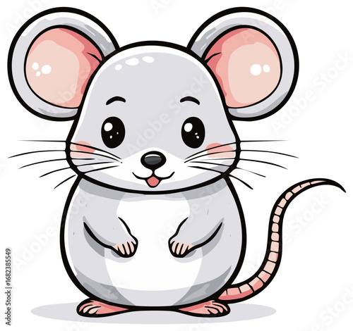 Adorable cartoon mouse character standing and smiling. Cute grey rodent with big eyes and pink ears vector illustration.