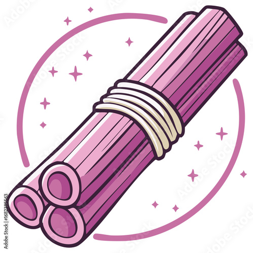 Cartoon illustration of taro roots bundle with wrapper tied around it, in pink and beige color scheme.