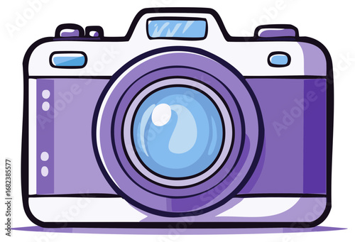 A vibrant purple cartoon camera with a blue lens, an iconic photography illustration