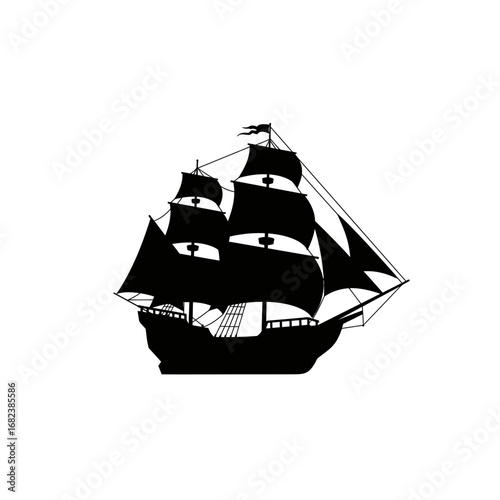 Black silhouette of a sailing ship on white background, perfect for nauticalthemed designs, travel posters, or maritime event promotions.