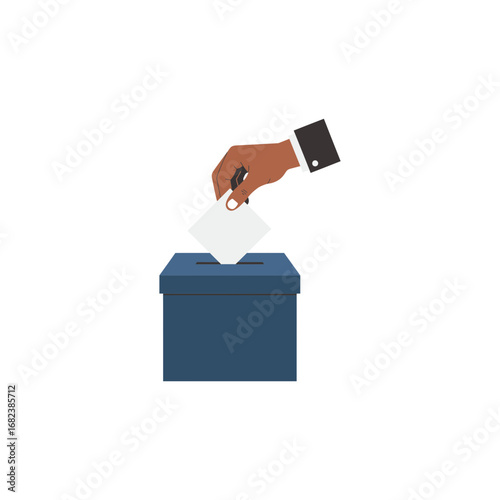 Dark hand places ballot in blue box illustration for voting concepts, elections, political campaigns, ballot initiatives, democracy, and civic engagement.