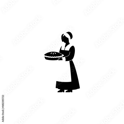Black and white silhouette depicts woman holding pie plate. Perfect for bakery or cookingrelated designs, recipe books, or food blogs.