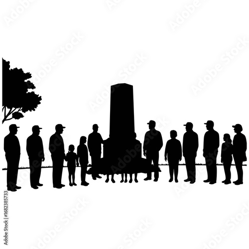 Silhouetted people by monument and tree, suitable for travel, tourism, cultural themes, and social gatherings in a scenic setting.