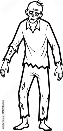 Cartoon skeletal‑faced zombie in tattered clothes, slouched walking pose, eerie undead design, vector illustration for Halloween, spooky horror themes, and creepy seasonal character art