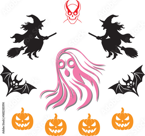 A Halloween vector set with ghost and griffin silhouette elements and pumpkin decorations