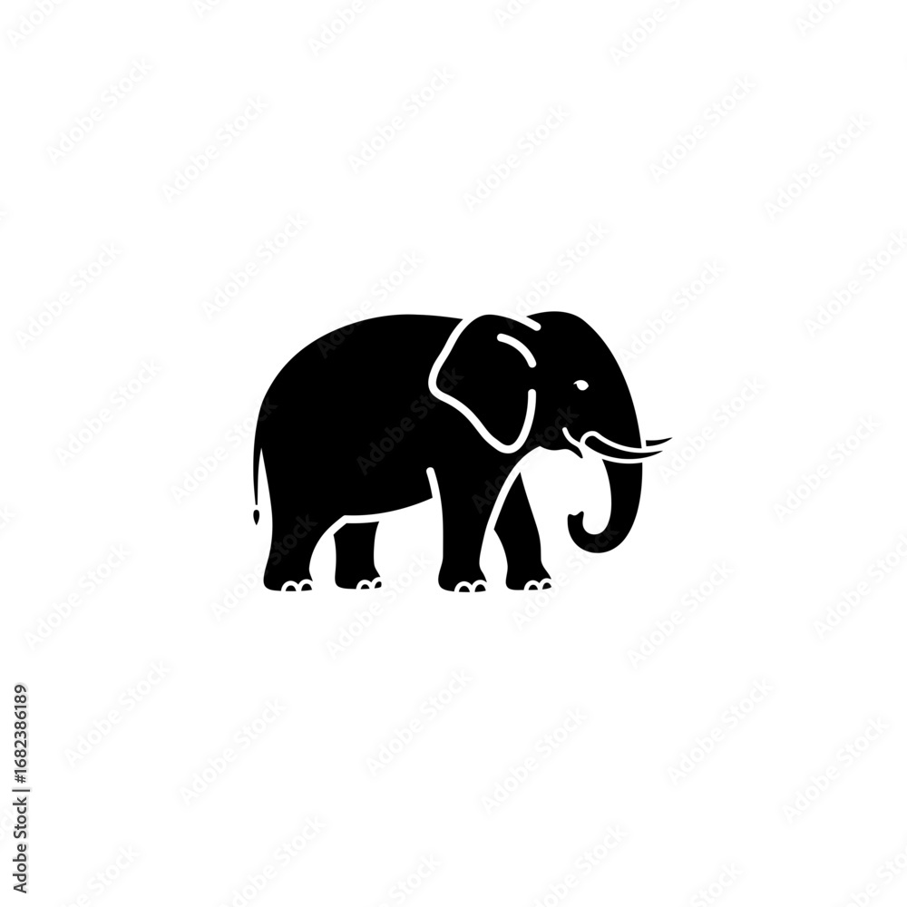 Fototapeta premium Full body black elephant silhouette on white background suitable for various design projects, logos, and wildlifethemed illustrations.