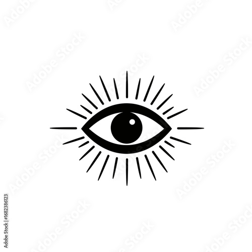 Black stylized eye with radiating lines around it, perfect for use in graphic design projects, fashion branding, or mysticalthemed content creation.