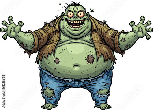 Cartoon zombie character, creepy undead monster, green skin, bulging eyes, toothy grin, tattered clothes, Halloween horror design, cad drawing flat vector illustration