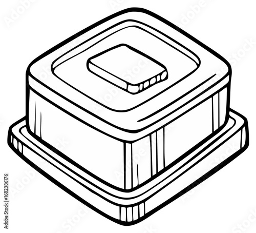 Simple black outline drawing of a square food or storage container with a lid