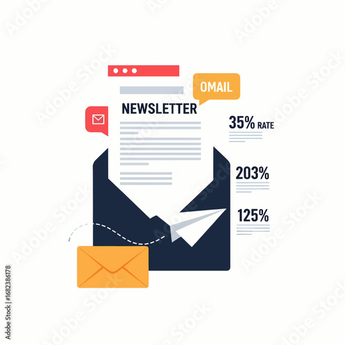 Email newsletter with open rate stats  Minimal Flat Vector Illustration for digital marketing, SEO, content, templates, and brandless design