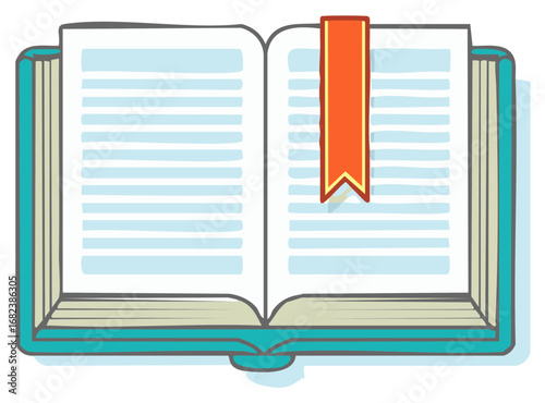 Simple drawing of an open hardcover book with a ribbon bookmark for education and knowledge concepts