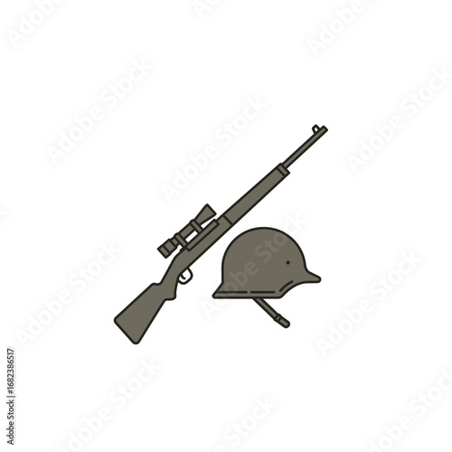Rifle with scope and helmet for war, perfect for military and tactical concepts in design projects or educational materials.