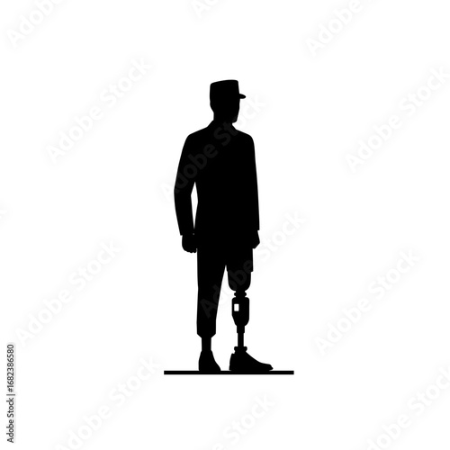Silhouetted soldier with prosthetic leg and hat, perfect for military websites, veteran organizations, disability awareness campaigns, and inspirational content.
