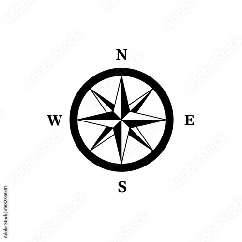 Compass rose icon with cardinal directions for navigation and orientation purposes, ideal for maps, travel guides, nautical themes, and educational resources.