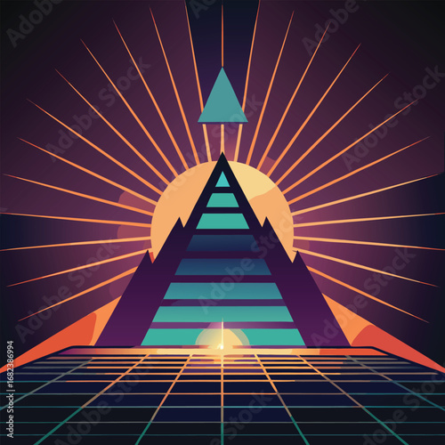 Abstract pyramid glowing with radiant rays