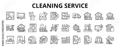 30 Cleaning Service Line Icons Vector - Moving Cleaning, Vacuuming, Wiping, Trash Removal, Mopping Floor, Ventilation