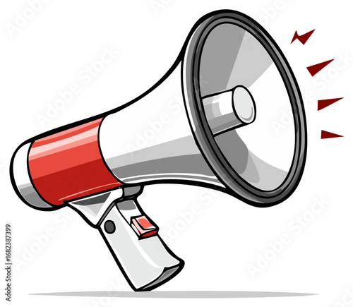 Stylized red and white megaphone projecting sound waves for public address or announcement
