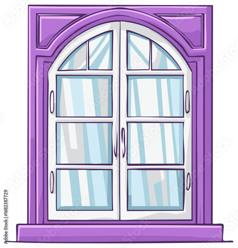 Cartoon illustration of a charming purple arched double window with white panes and a window sill