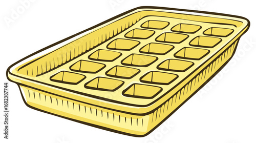 Cartoon illustration of a yellow ice cube tray with square compartments