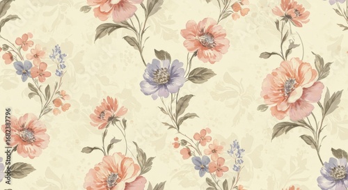 Watercolor Floral Pattern: Peach Purple and Blue Flowers.