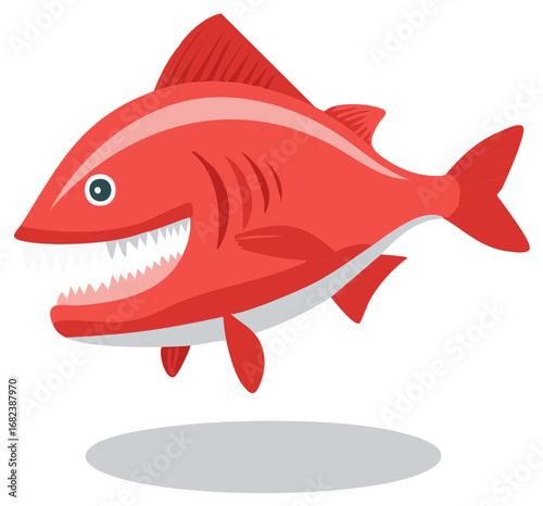 Aggressive red shark with sharp teeth and open mouth illustration