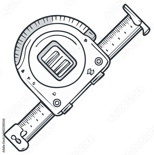 Hand-drawn line art illustration of a metal tape measure with extended blade, a versatile construction and measurement tool.