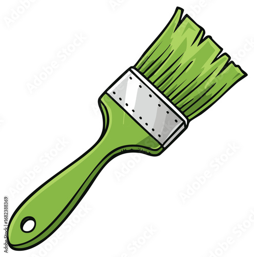 Single green paintbrush with silver ferrule and messy bristles isolated on white