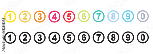 Colorful bullet points number set from zero to nine. circles and numbers. colorful number digit vector icon with white background. Numbers symbols. Flat icons . Set of 1-10numbers. Digital projects.