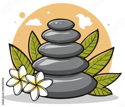 Zen stone tower with flowers and leaves, spa wellness concept. Vector illustration.