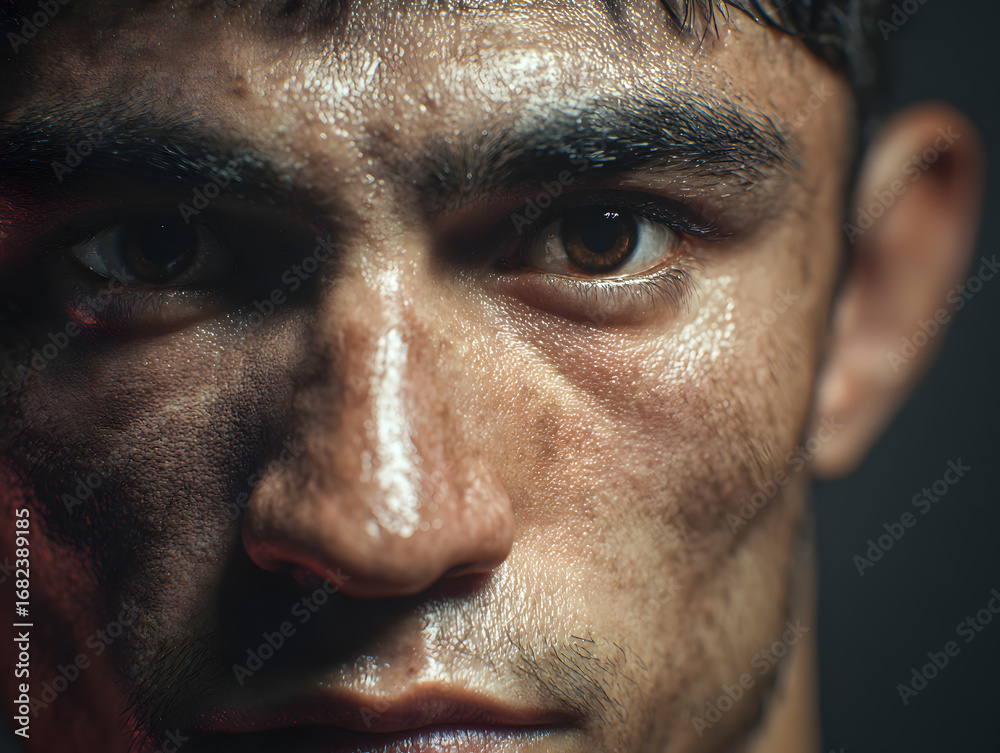 Obraz premium Intense close-up of determined athlete's face showing sweat and grit after hard training